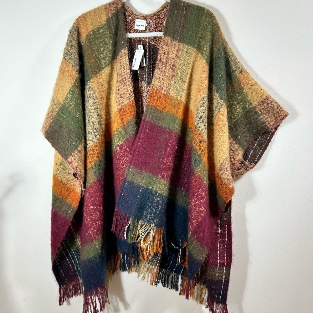 Sonoma Reversible Burgundy Brown Green Knit Cape Shawl Poncho Fringe One Size